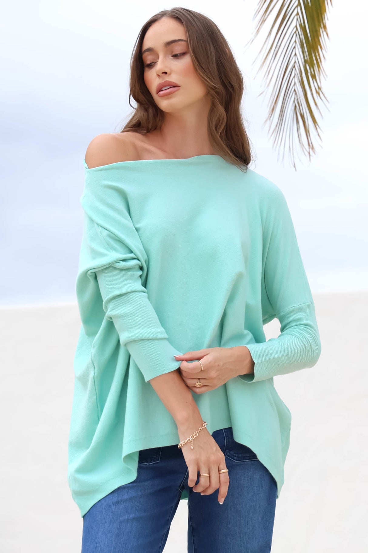 Belinda Knit Top - Boat Neckline Boxy Batwing Top in Light Blue