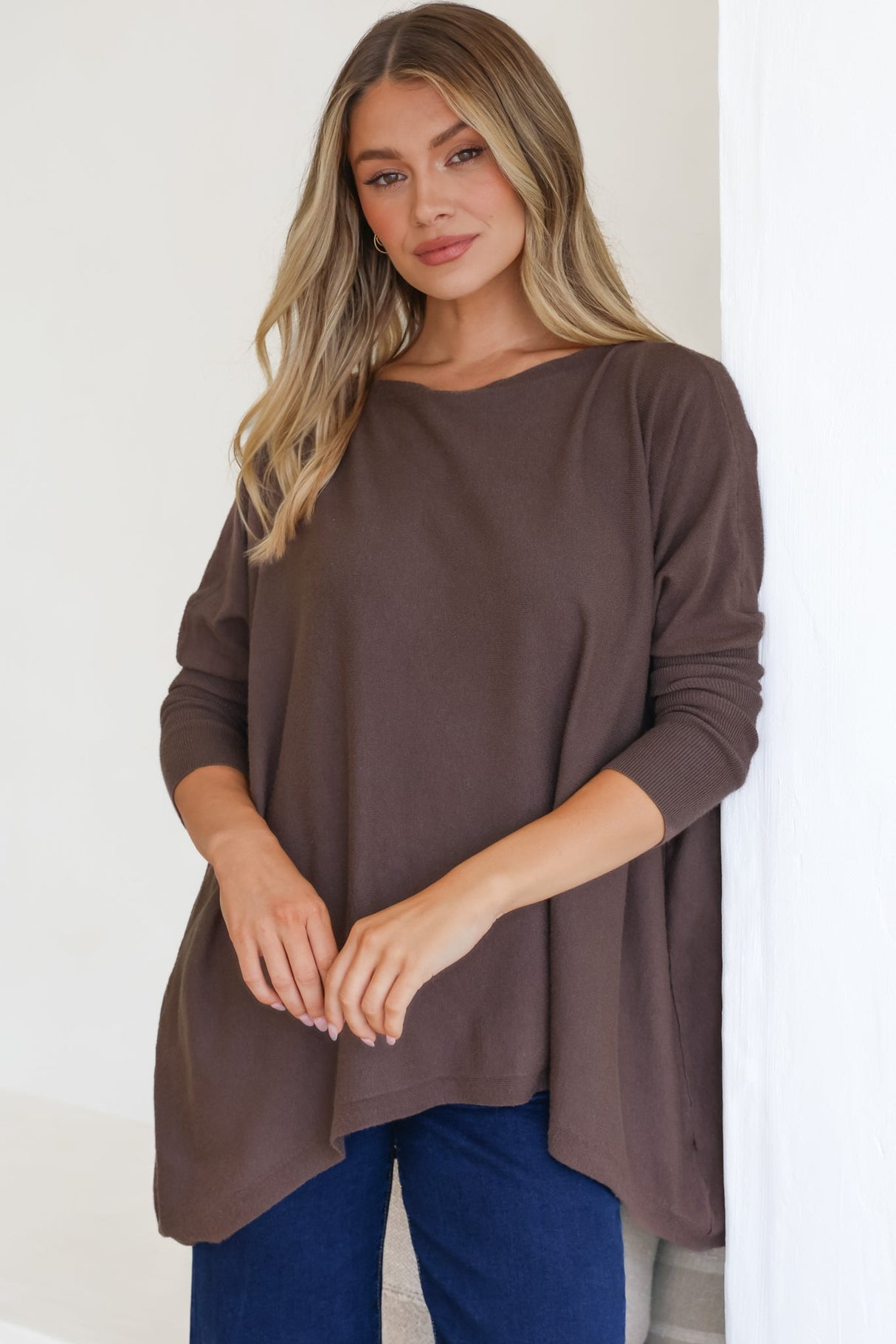 Belinda Knit Top - Boat Neckline Boxy Batwing Top in Chocolate