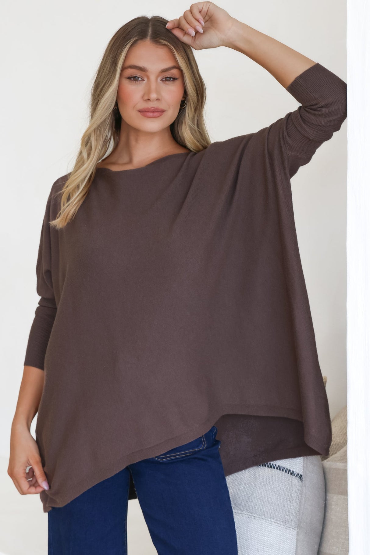Belinda Knit Top - Boat Neckline Boxy Batwing Top in Chocolate
