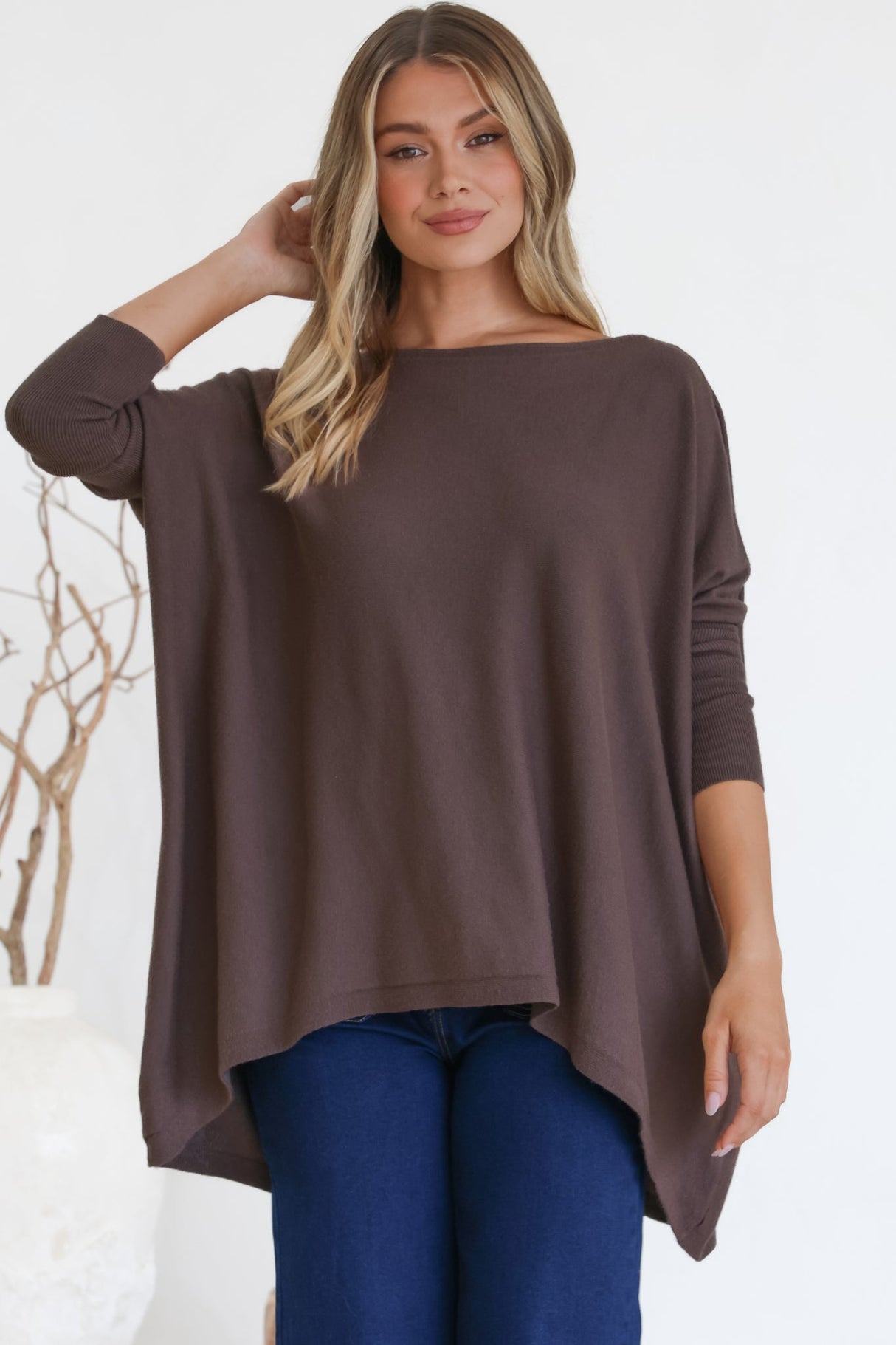 Belinda Knit Top - Boat Neckline Boxy Batwing Top in Chocolate