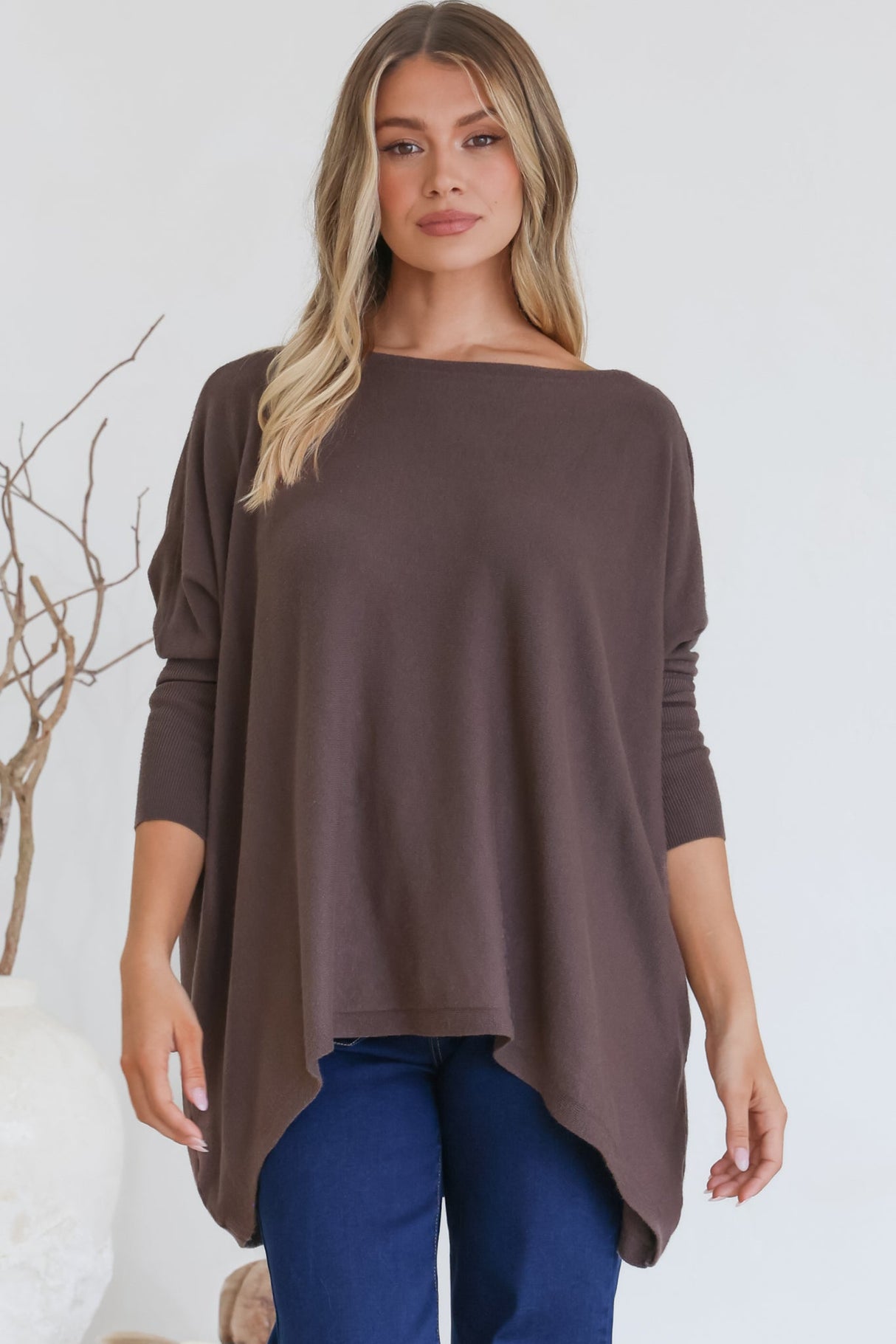 Belinda Knit Top - Boat Neckline Boxy Batwing Top in Chocolate