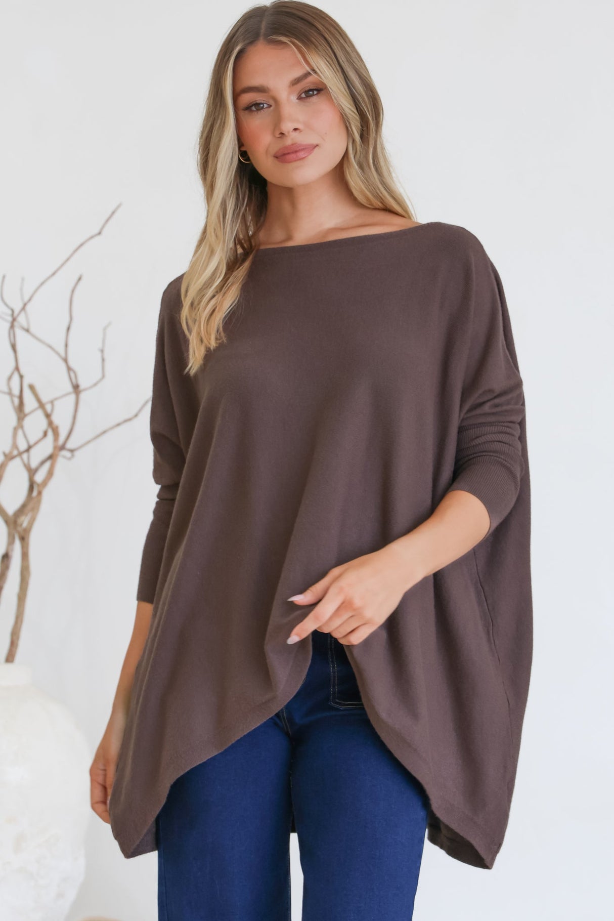 Belinda Knit Top - Boat Neckline Boxy Batwing Top in Chocolate
