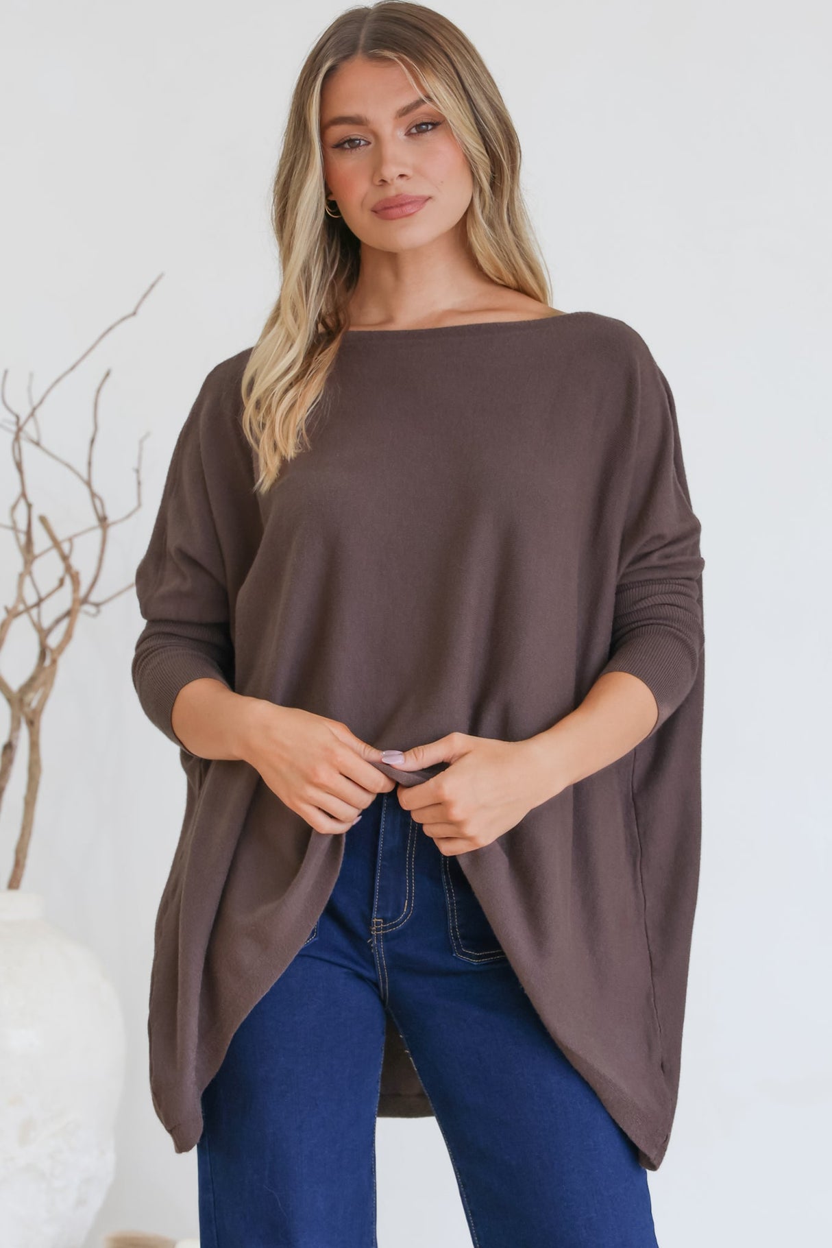 Belinda Knit Top - Boat Neckline Boxy Batwing Top in Chocolate