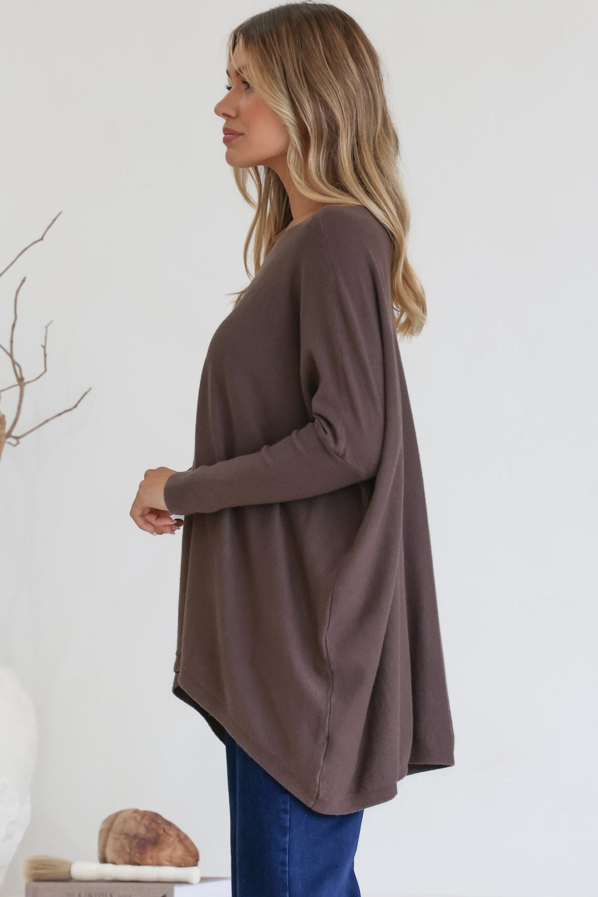 Belinda Knit Top - Boat Neckline Boxy Batwing Top in Chocolate