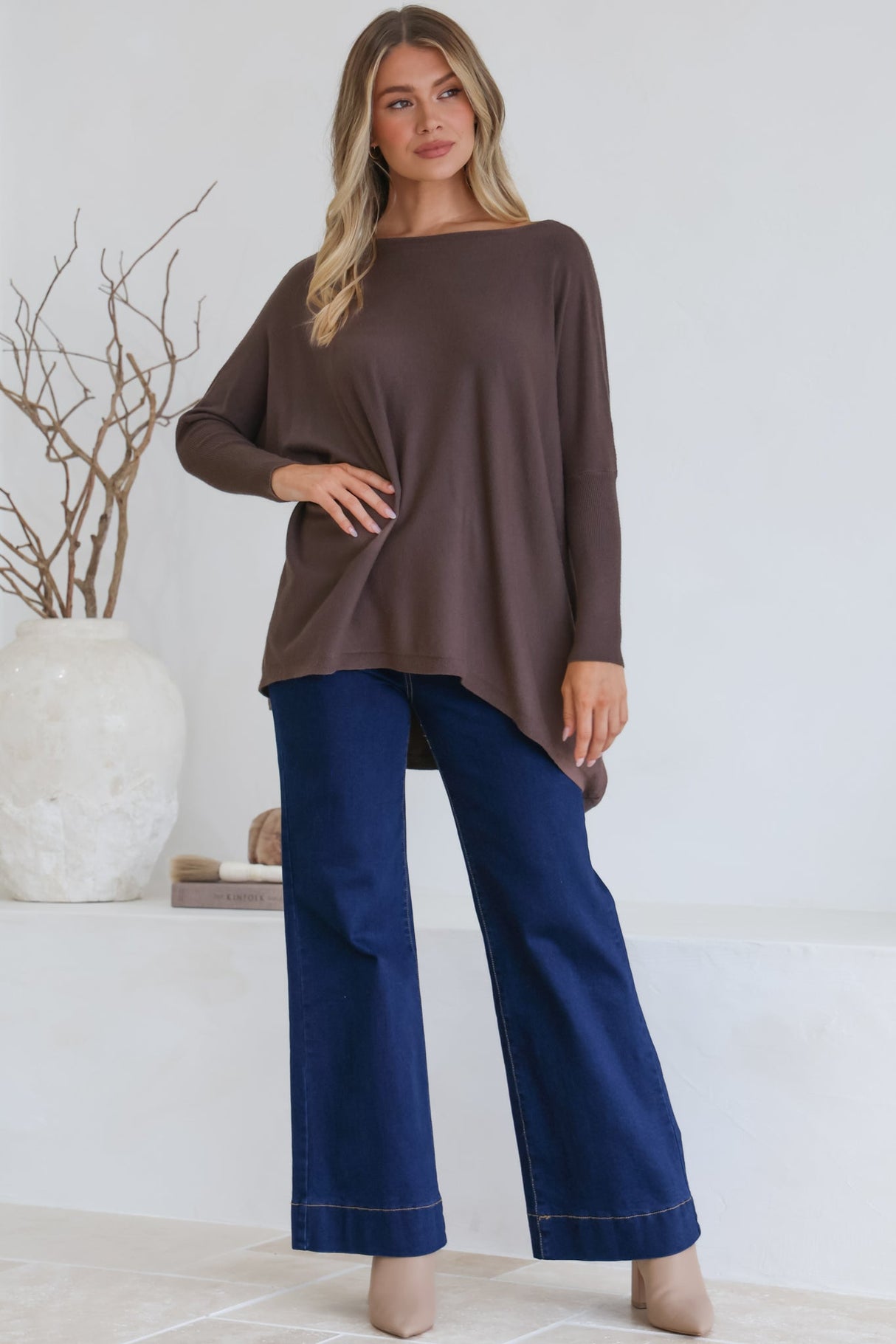 Belinda Knit Top - Boat Neckline Boxy Batwing Top in Chocolate