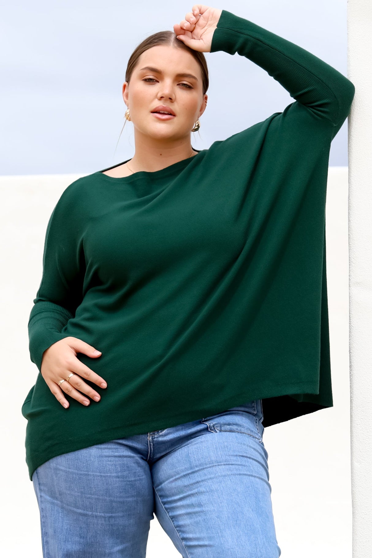 Belinda Knit Top - Boat Neckline Boxy Batwing Top in Dark Green