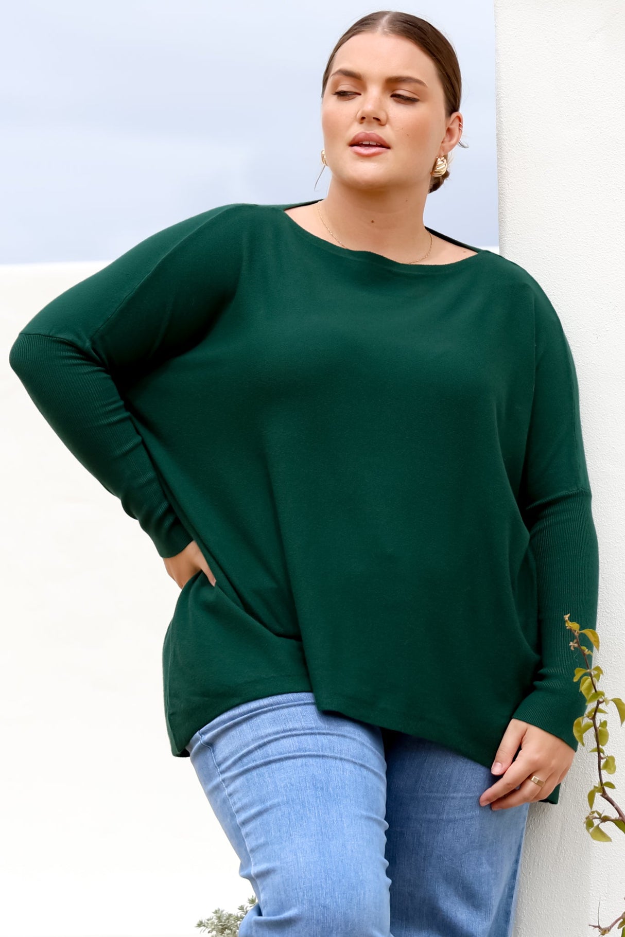 Belinda Knit Top - Boat Neckline Boxy Batwing Top in Dark Green