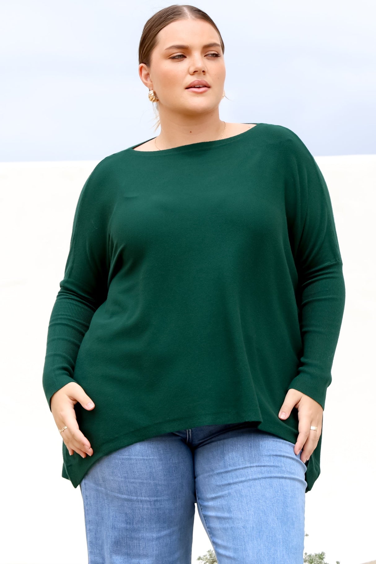 Belinda Knit Top - Boat Neckline Boxy Batwing Top in Dark Green
