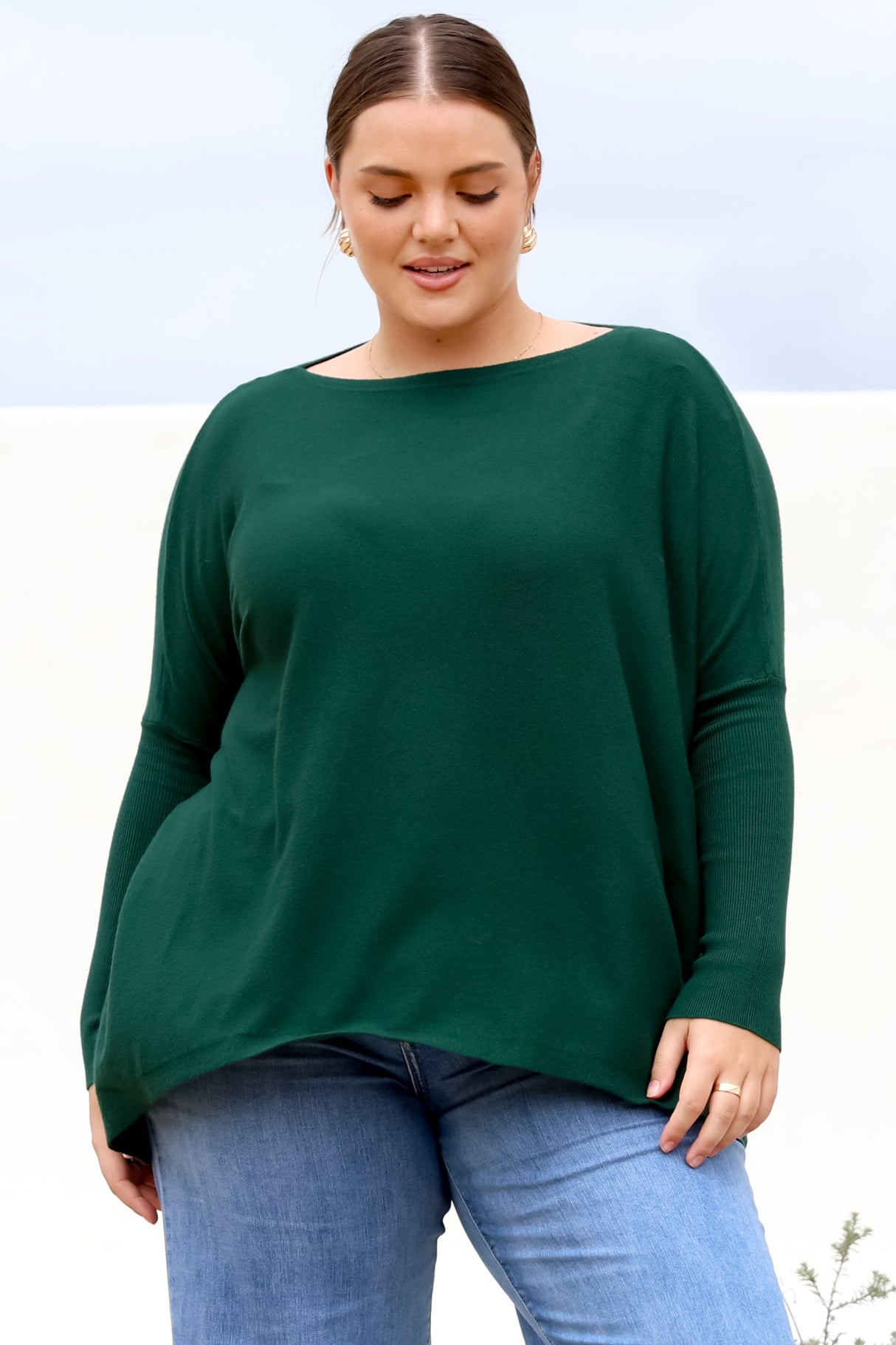 Belinda Knit Top - Boat Neckline Boxy Batwing Top in Dark Green