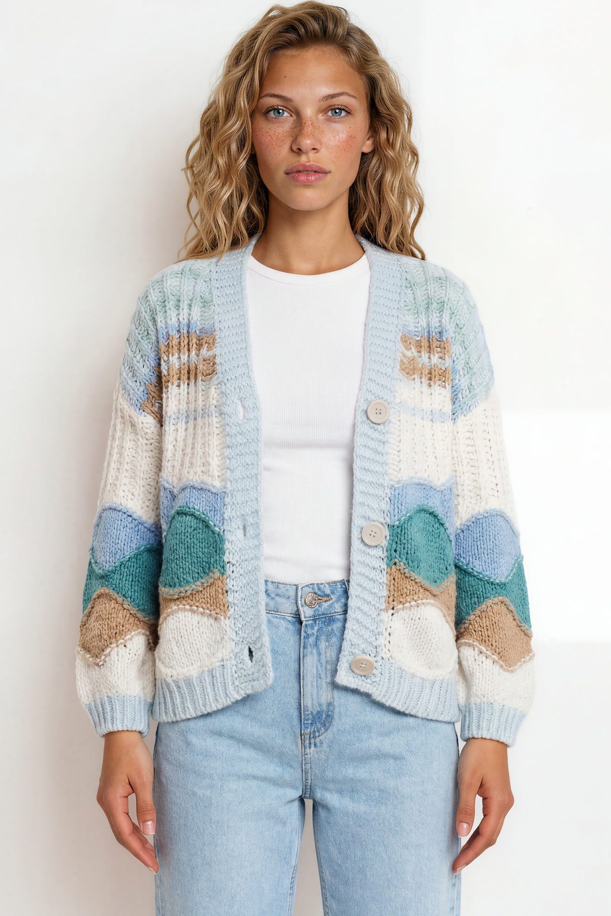 Model wearing Bellamy Cardigan in Blue/Green from Salty Crush