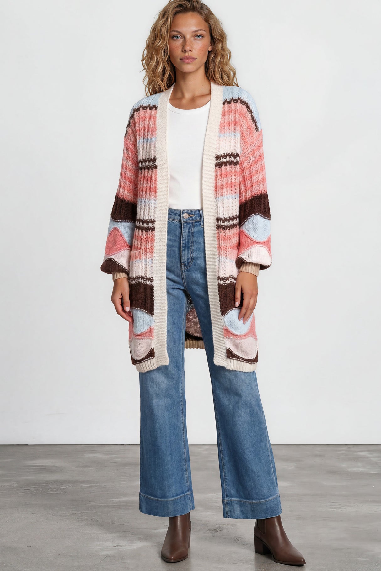 Model wearing Bellatrix Cardigan in Chocolate/Pink from Salty Crush