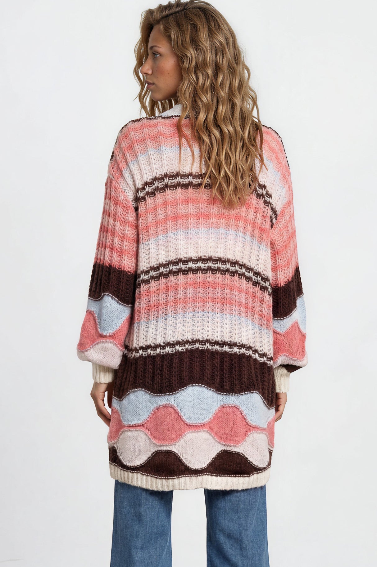 Model wearing Bellatrix Cardigan in Chocolate/Pink from Salty Crush