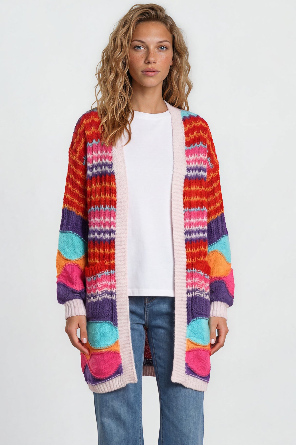Model wearing Bellatrix Cardigan in Pink from Salty Crush