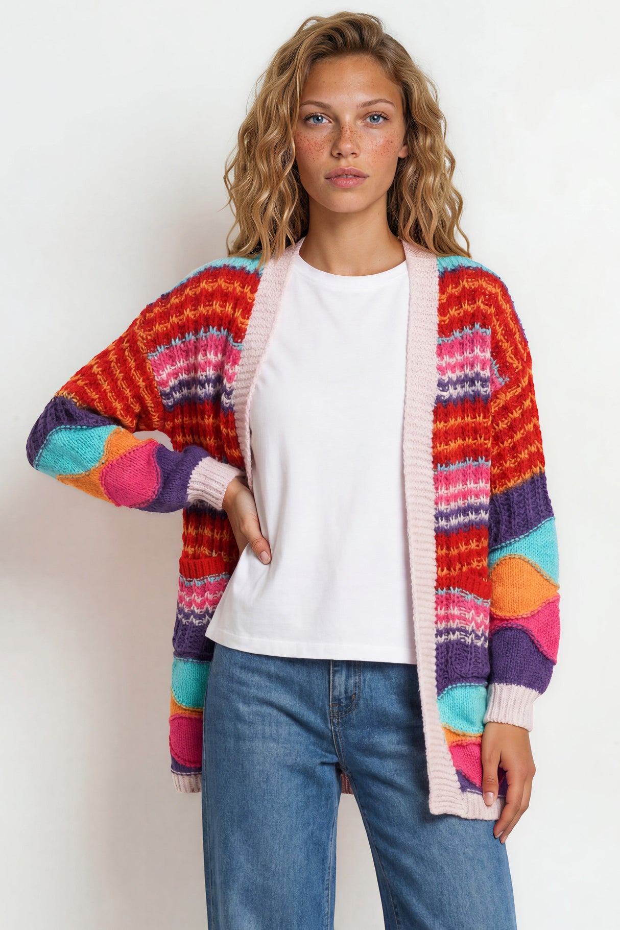 Model wearing Bellatrix Cardigan in Pink from Salty Crush
