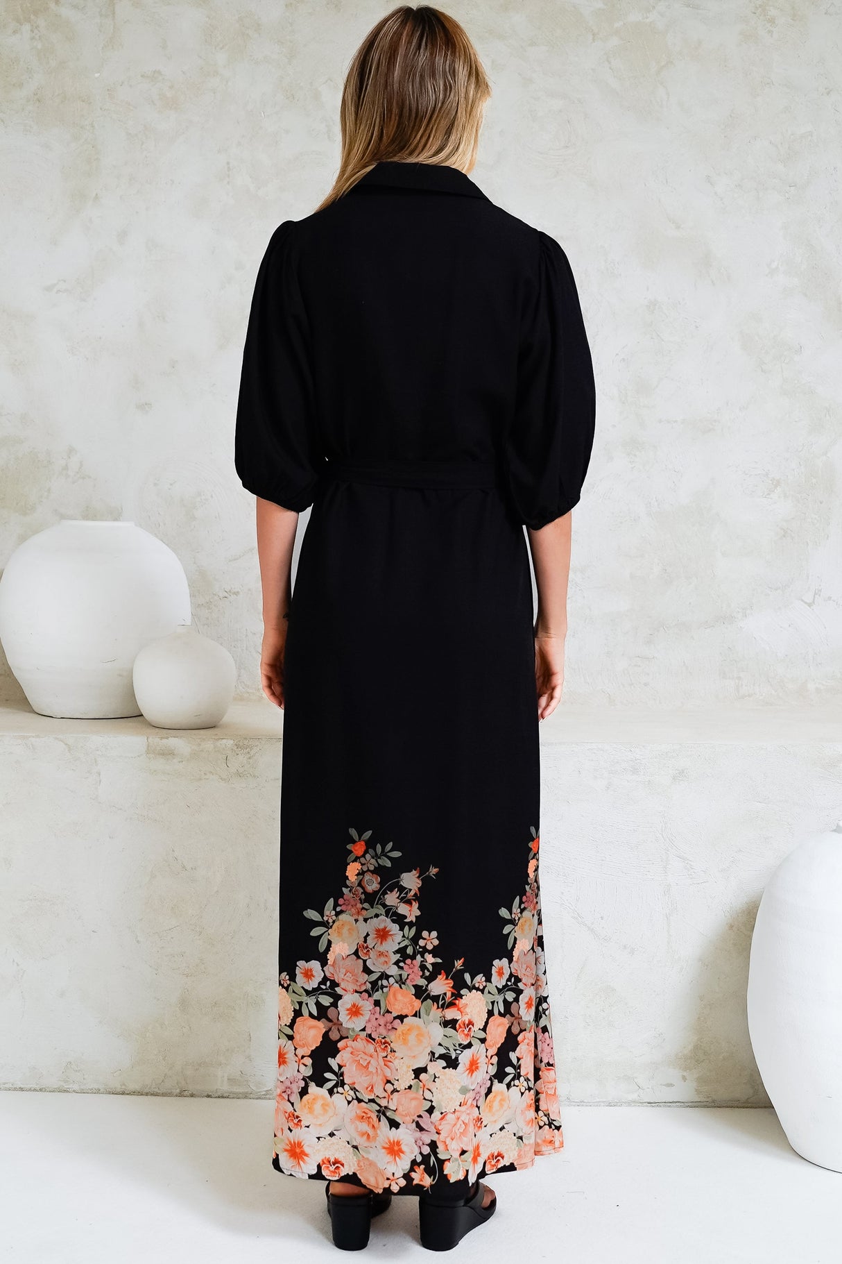 Bellini Midi Dress - Collared Shirt Dress with Waist Tie in Florence Print Black
