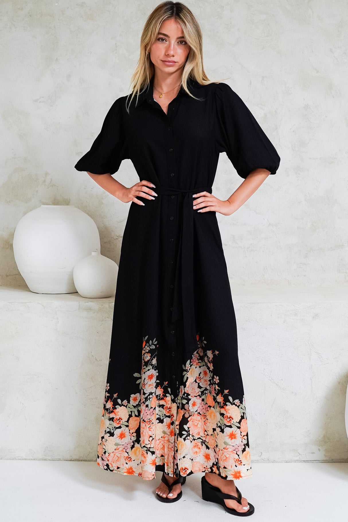 Bellini Midi Dress - Collared Shirt Dress with Waist Tie in Florence Print Black