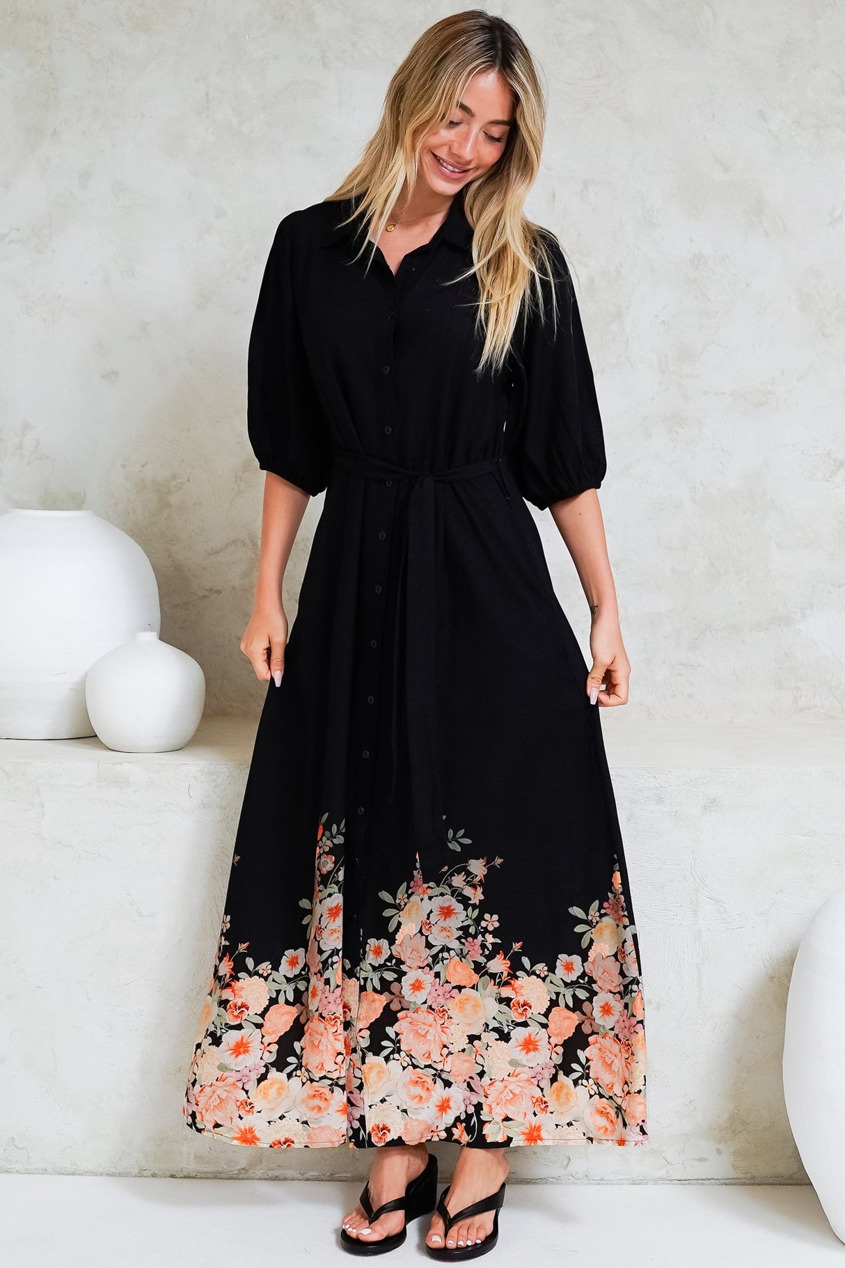 Bellini Midi Dress - Collared Shirt Dress with Waist Tie in Florence Print Black