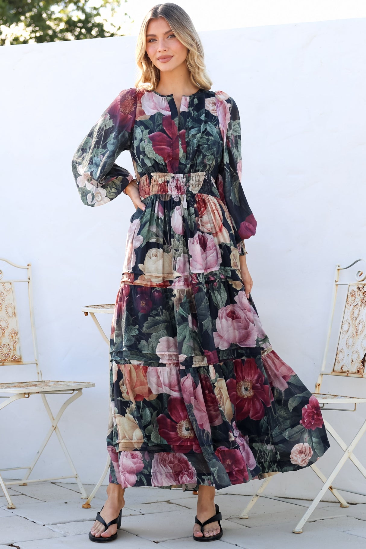Bennett Maxi Dress - Split Crew Neck A-Line Tiered Dress with Pleat Details in Annalisa Print