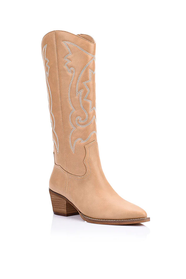 Bentley Embroidered Cowboy Boots- Biscuit