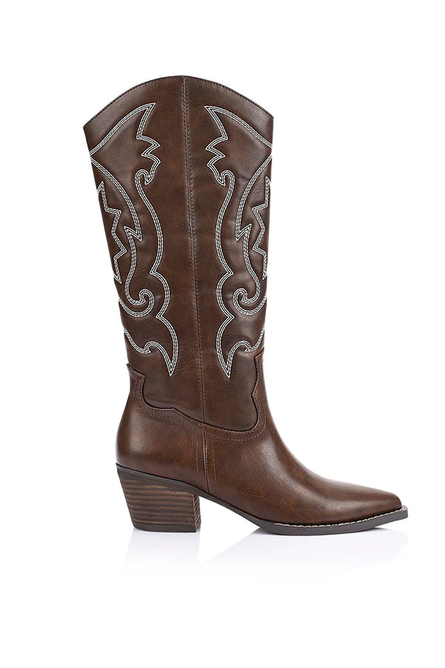 Bentley Embroidered Cowboy Boots- Chocolate