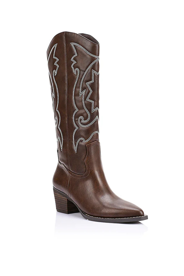 Bentley Embroidered Cowboy Boots- Chocolate