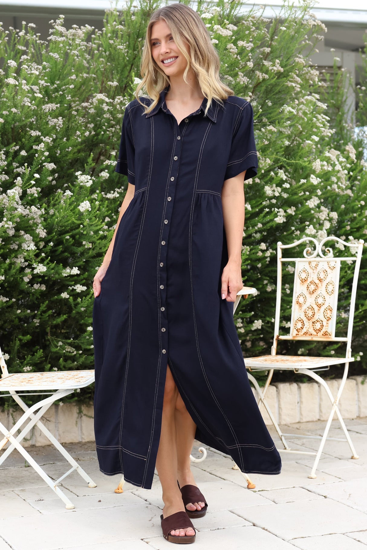 Bento Midi Dress - Wing Collar Button Down Shirt Dress with Contrast Stitching in Indigo
