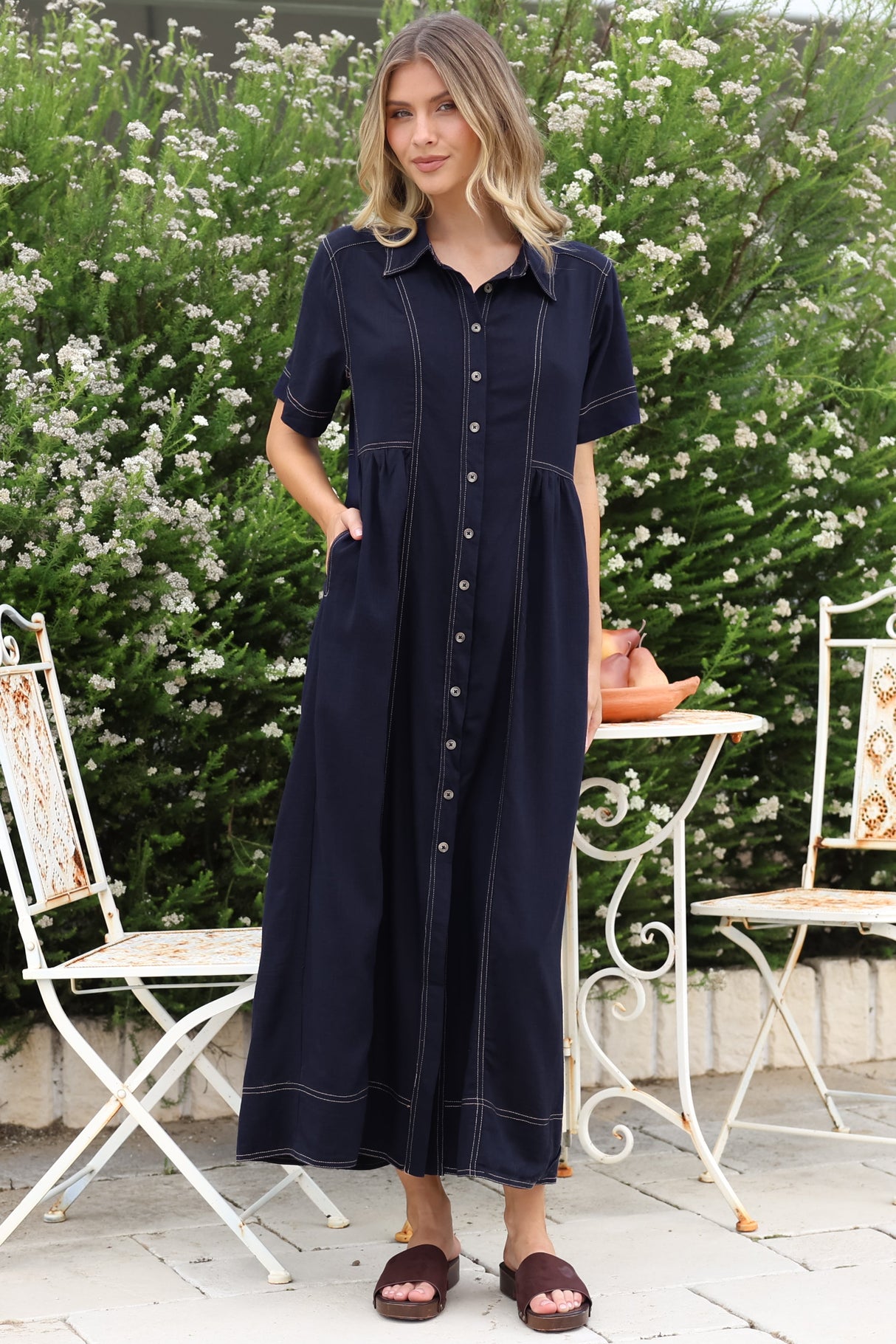 Bento Midi Dress - Wing Collar Button Down Shirt Dress with Contrast Stitching in Indigo