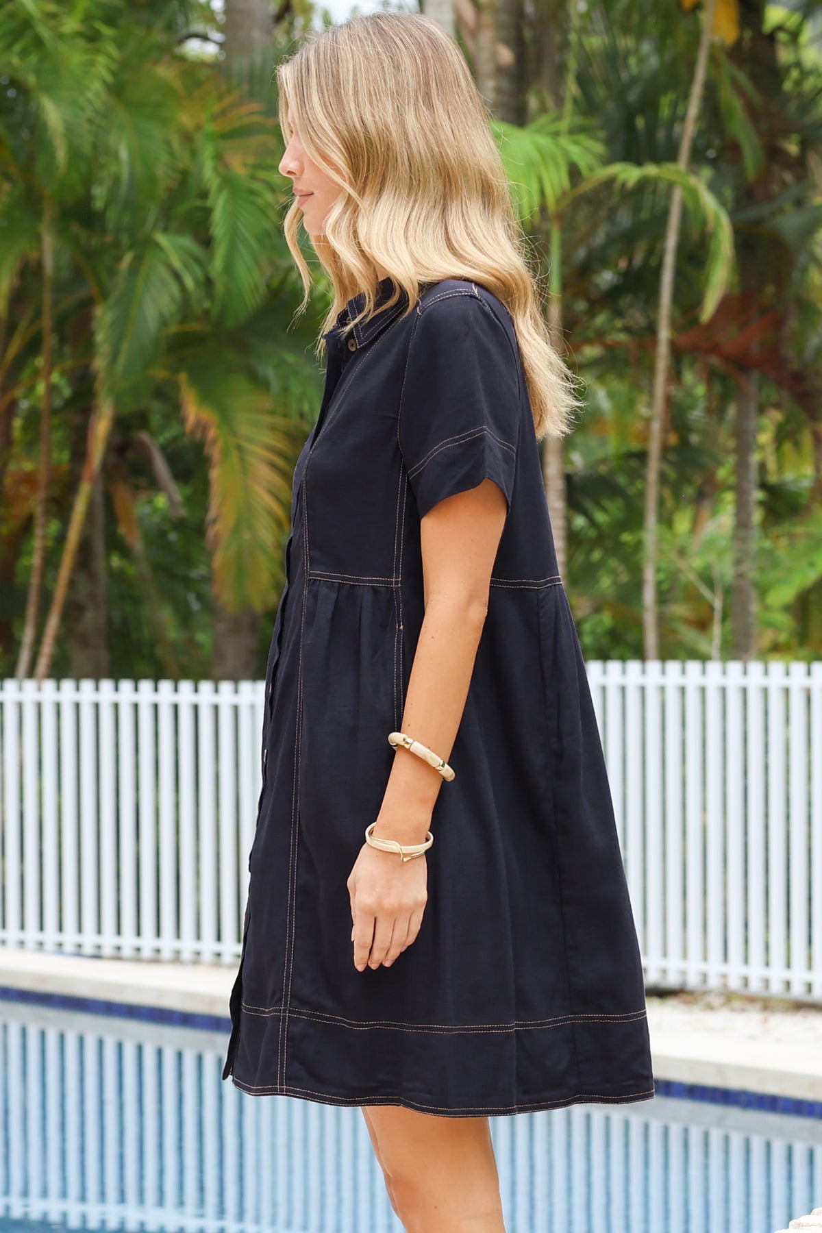 Bento Mini Dress - Collared Button Down Contrast Stitching Dress with Short Sleeves in Navy