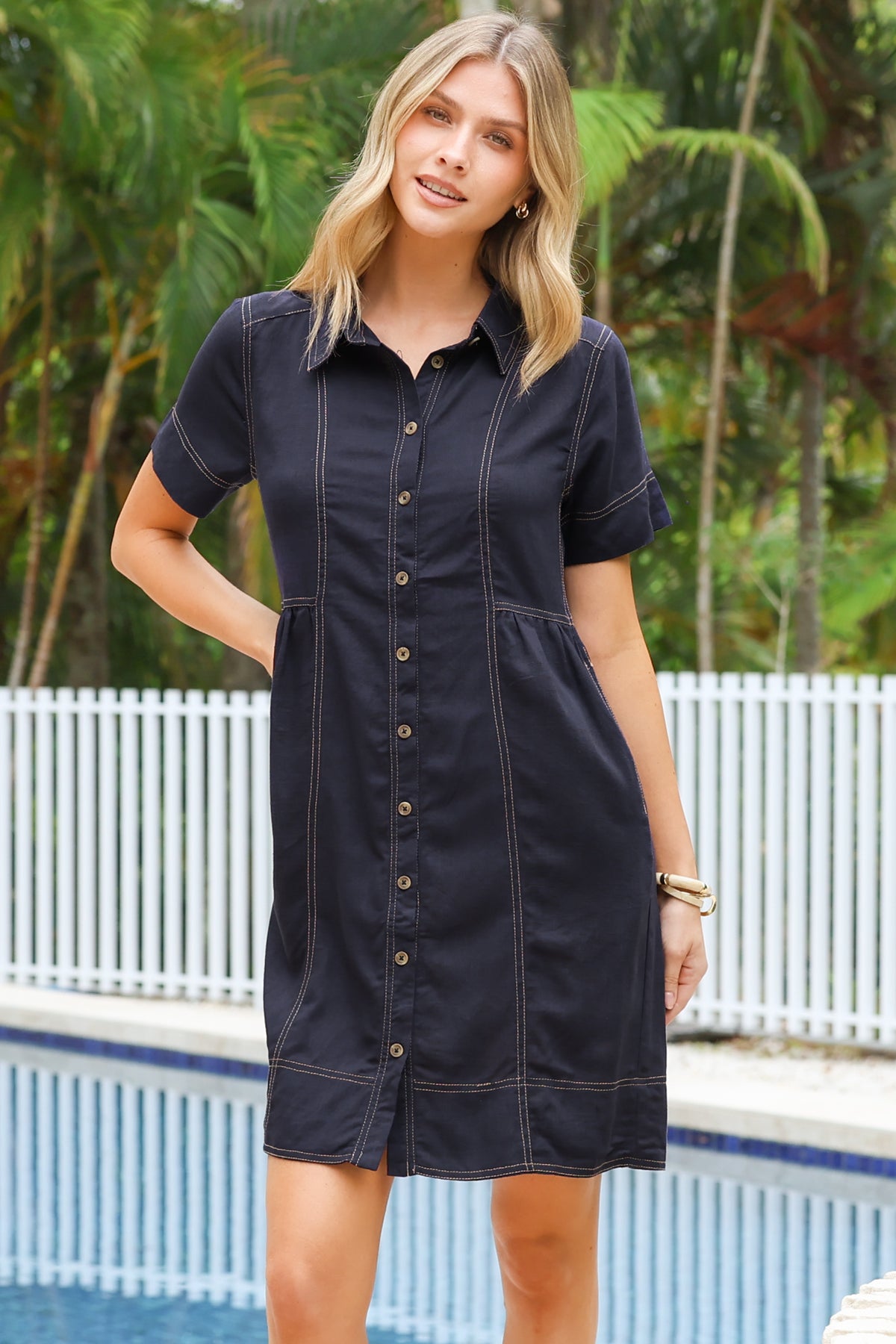 Bento Mini Dress - Collared Button Down Contrast Stitching Dress with Short Sleeves in Navy