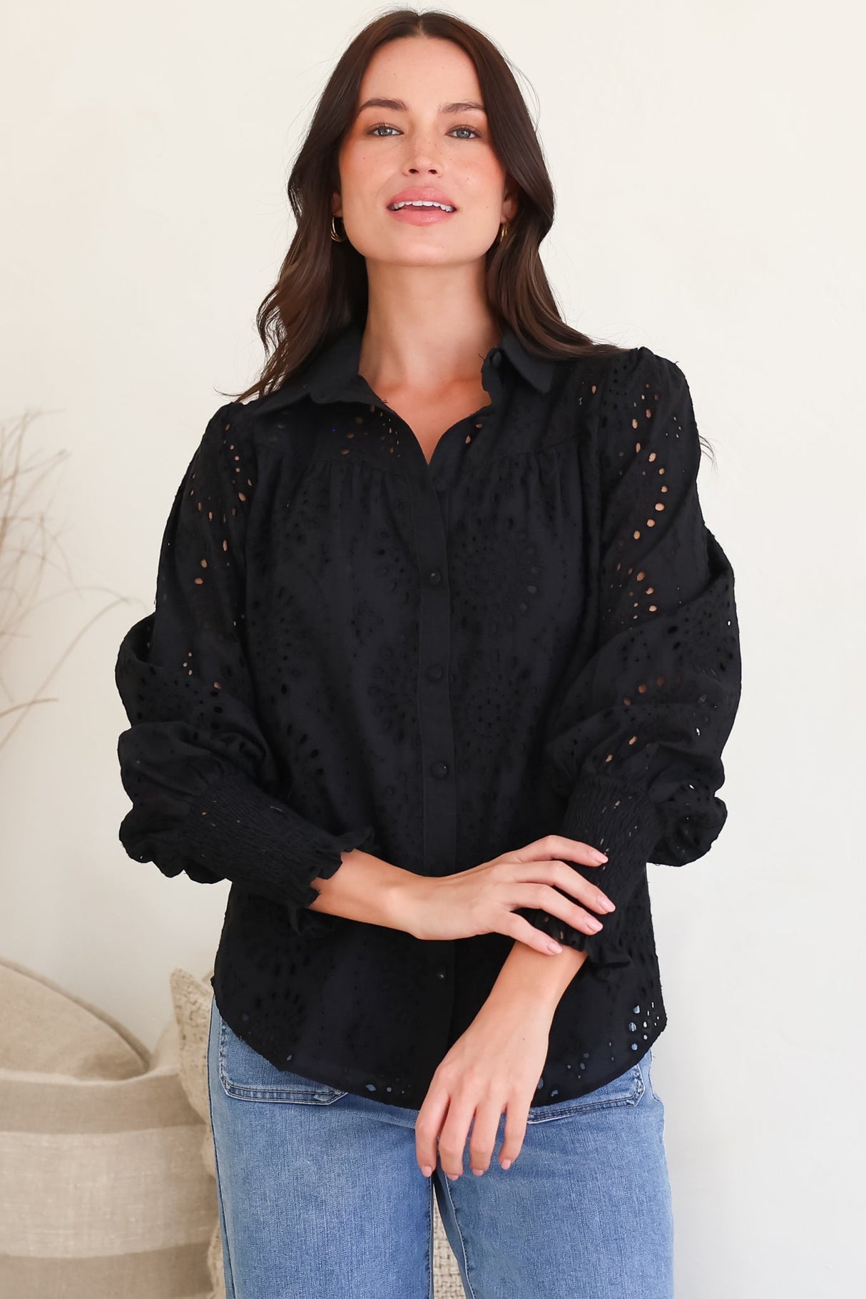 Benton Blouse - Hollow Out Embroidered Button Down Shirt in Black
