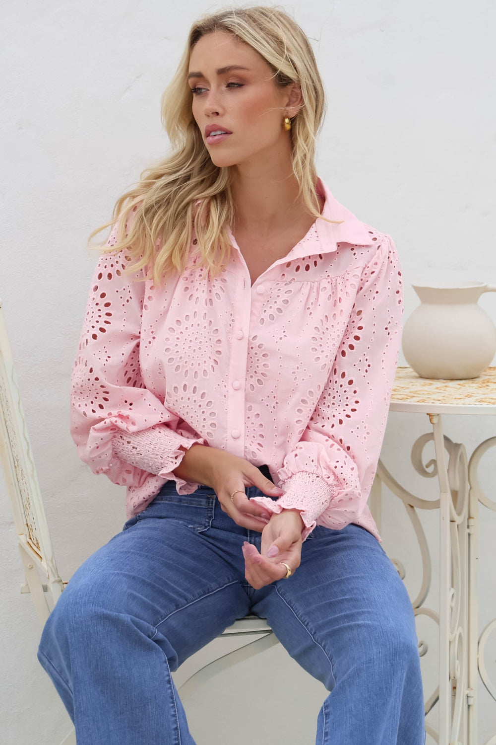 Benton Blouse - Hollow Out Embroidered Button Down Shirt in Pink