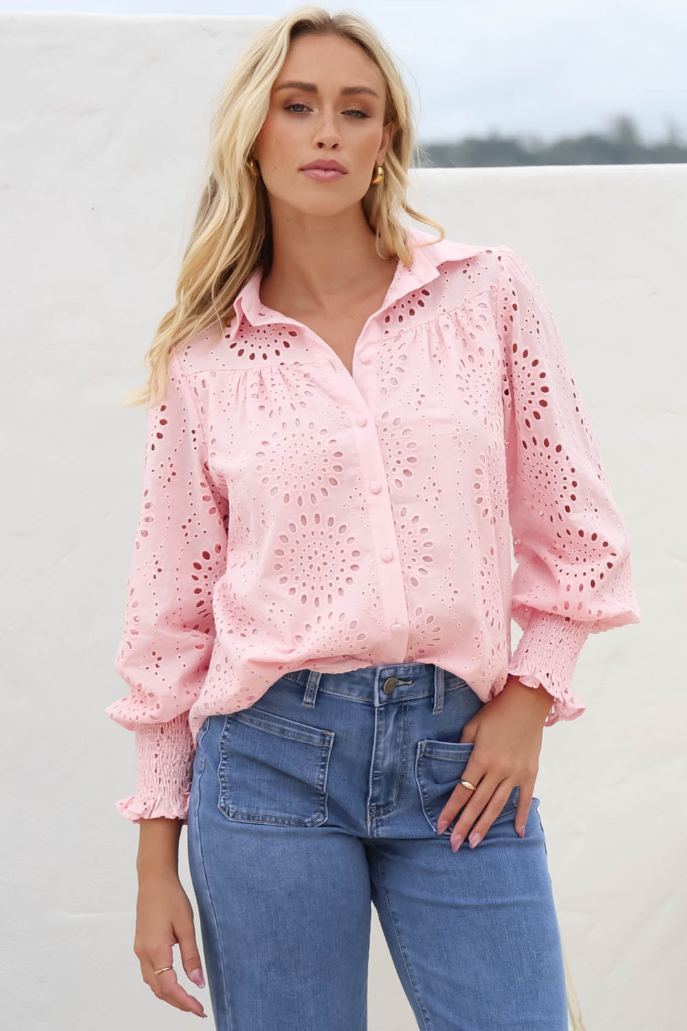 Benton Blouse - Hollow Out Embroidered Button Down Shirt in Pink