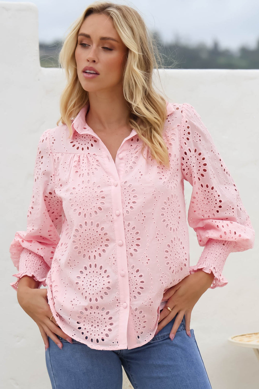 Benton Blouse - Hollow Out Embroidered Button Down Shirt in Pink
