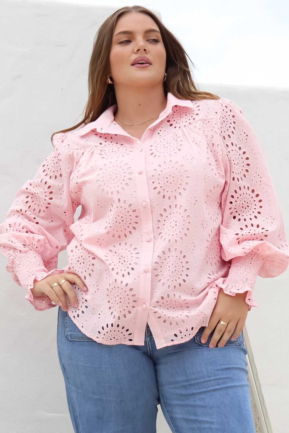 Benton Blouse - Hollow Out Embroidered Button Down Shirt in Pink
