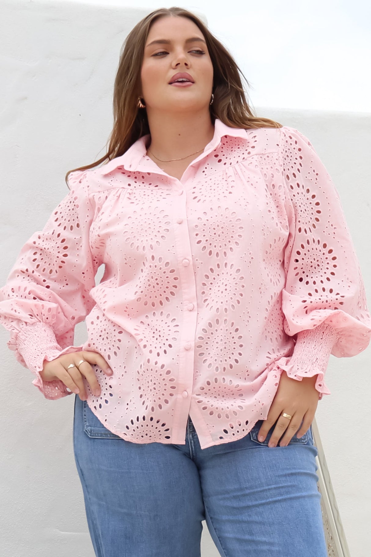 Benton Blouse - Hollow Out Embroidered Button Down Shirt in Pink