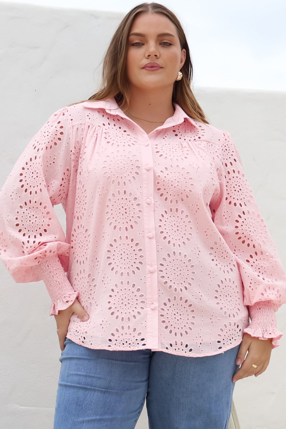 Benton Blouse - Hollow Out Embroidered Button Down Shirt in Pink