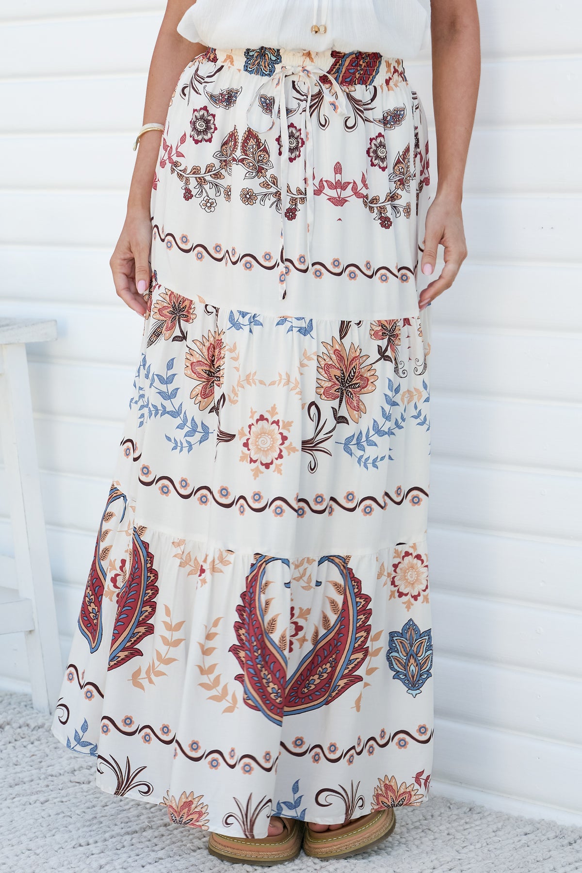 Bertha Maxi Skirt - Elasticated High Waisted Tiered Skirt in Magah Print White