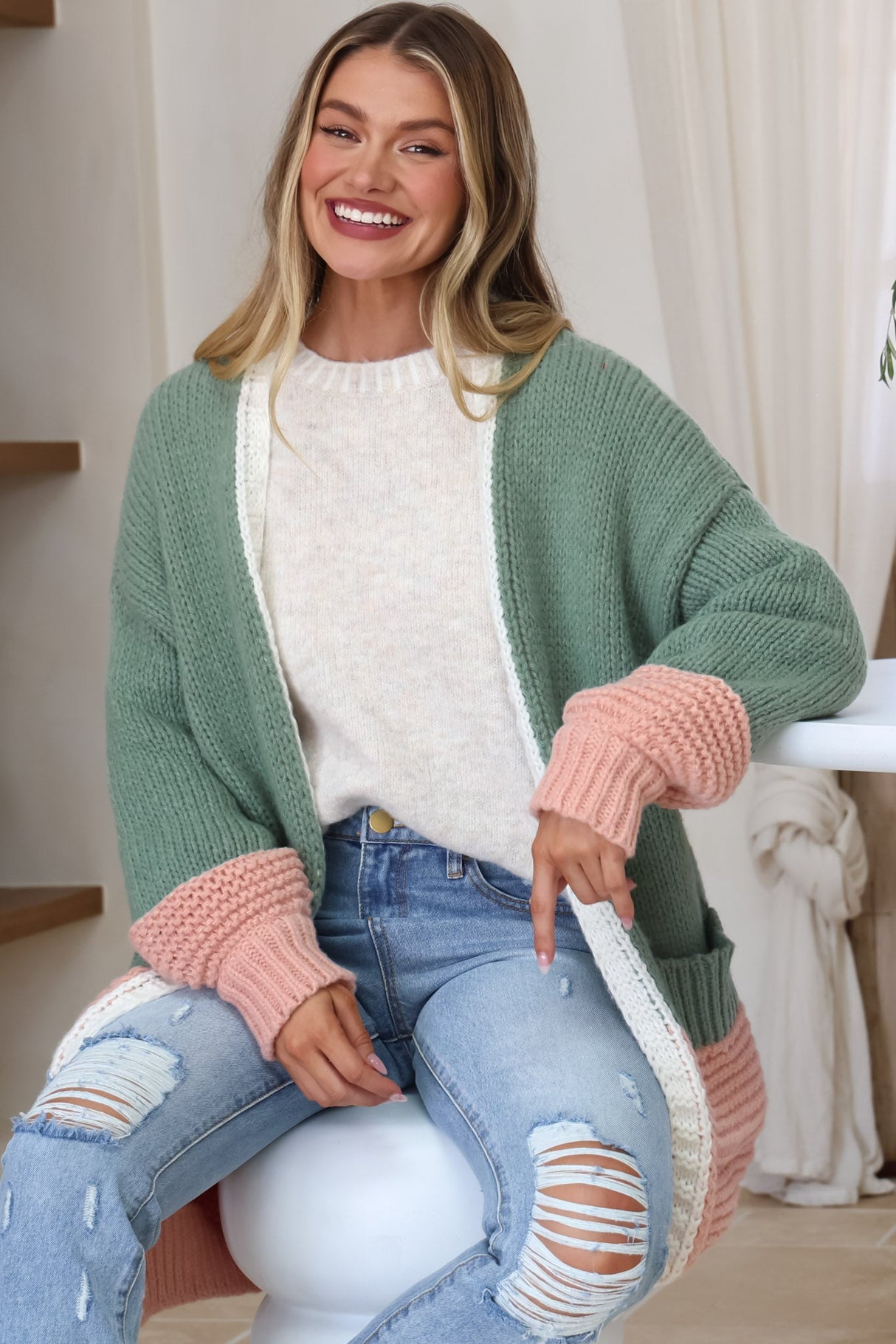 Bessie Cardigan - Colour Block Open Knit in Melon