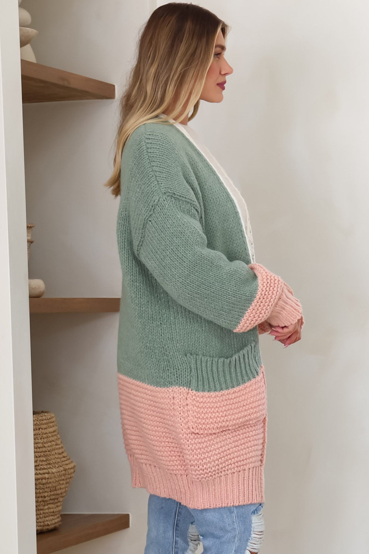Bessie Cardigan - Colour Block Open Knit in Melon