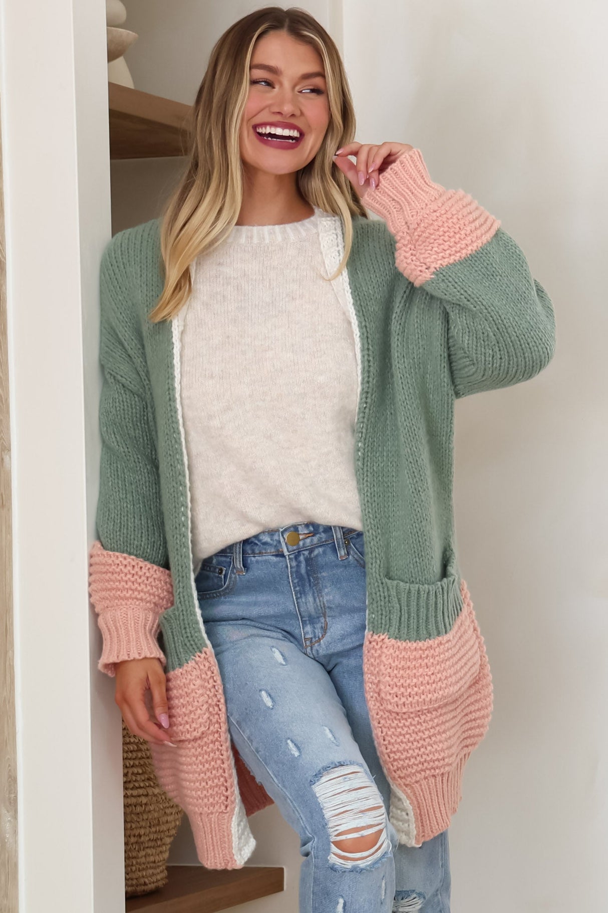 Bessie Cardigan - Colour Block Open Knit in Melon