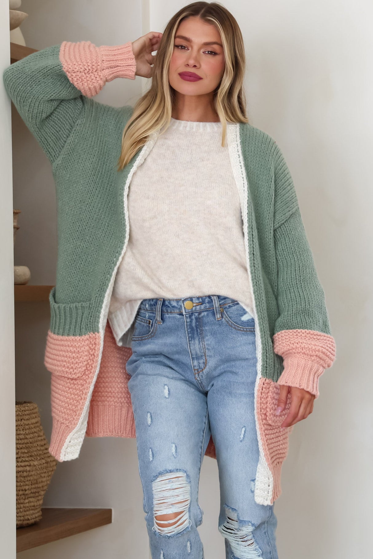 Bessie Cardigan - Colour Block Open Knit in Melon