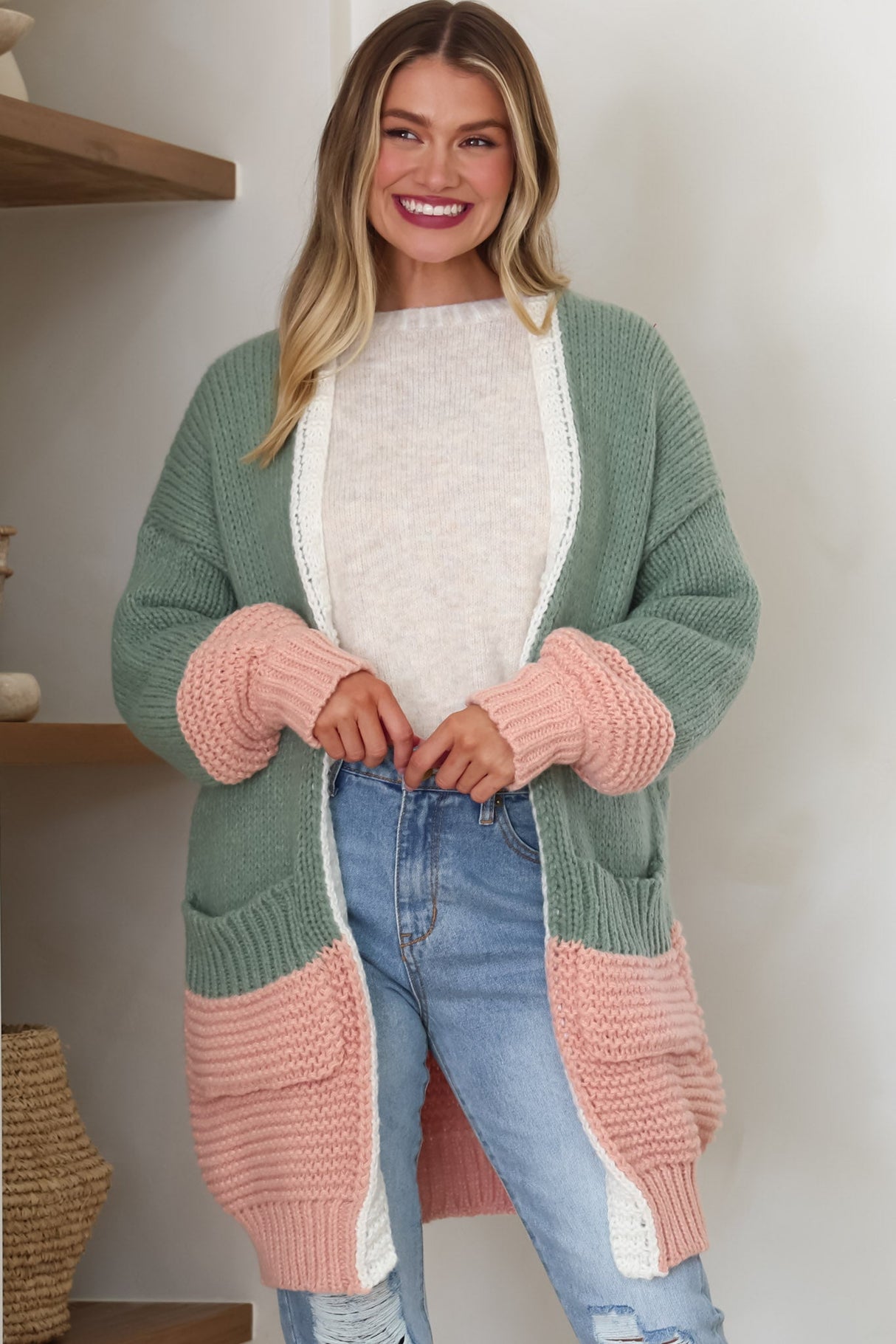 Bessie Cardigan - Colour Block Open Knit in Melon