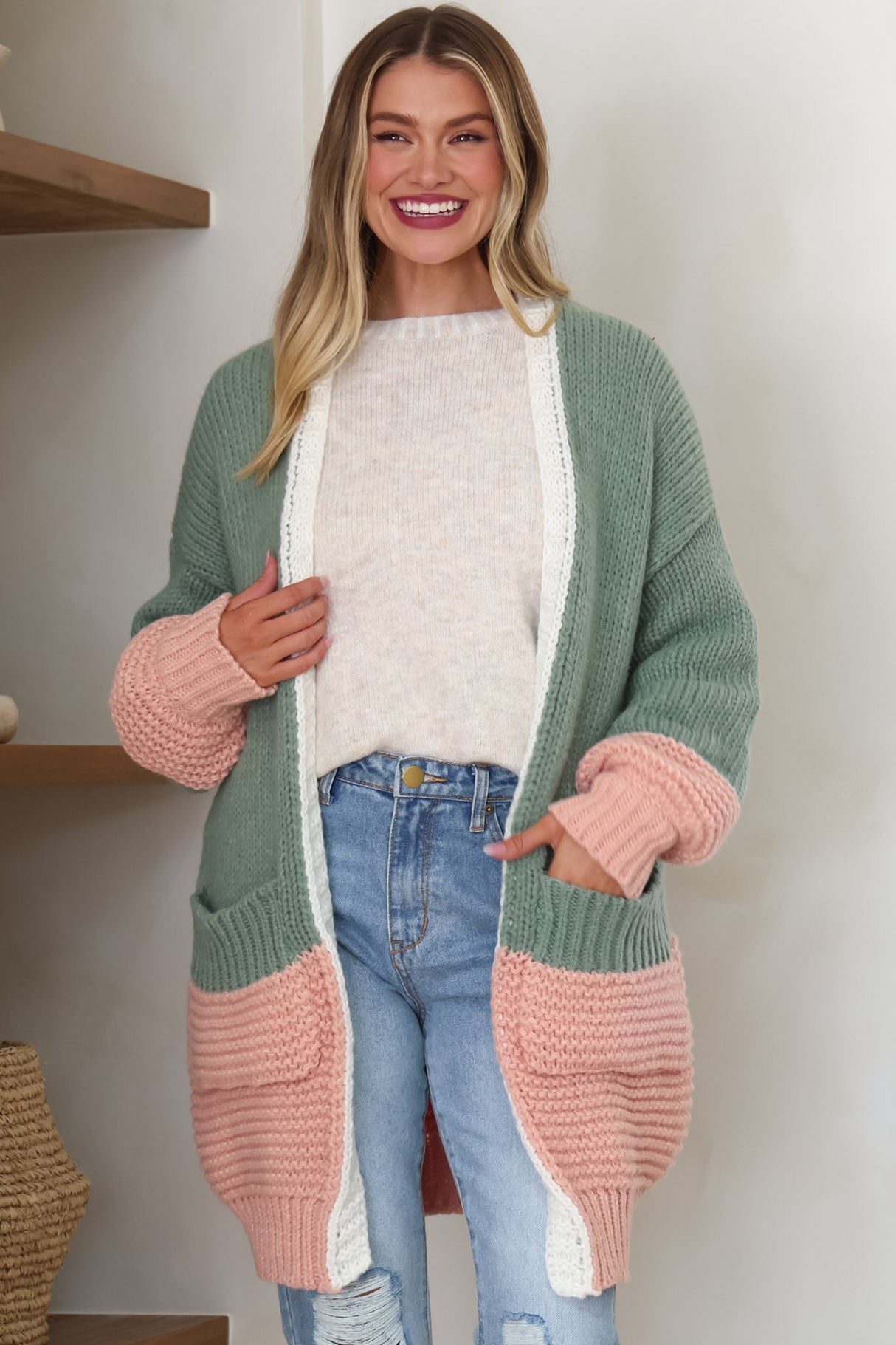 Bessie Cardigan - Colour Block Open Knit in Melon