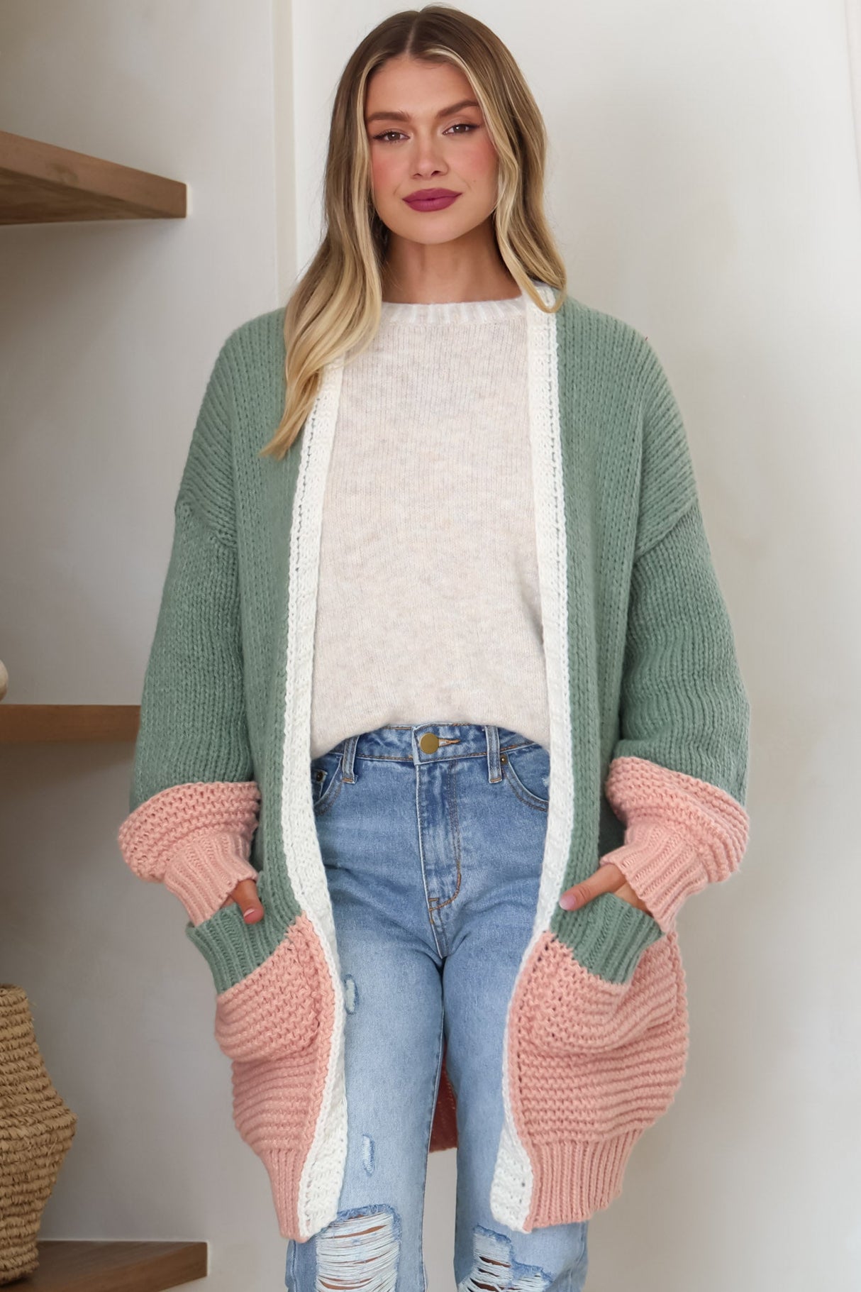 Bessie Cardigan - Colour Block Open Knit in Melon