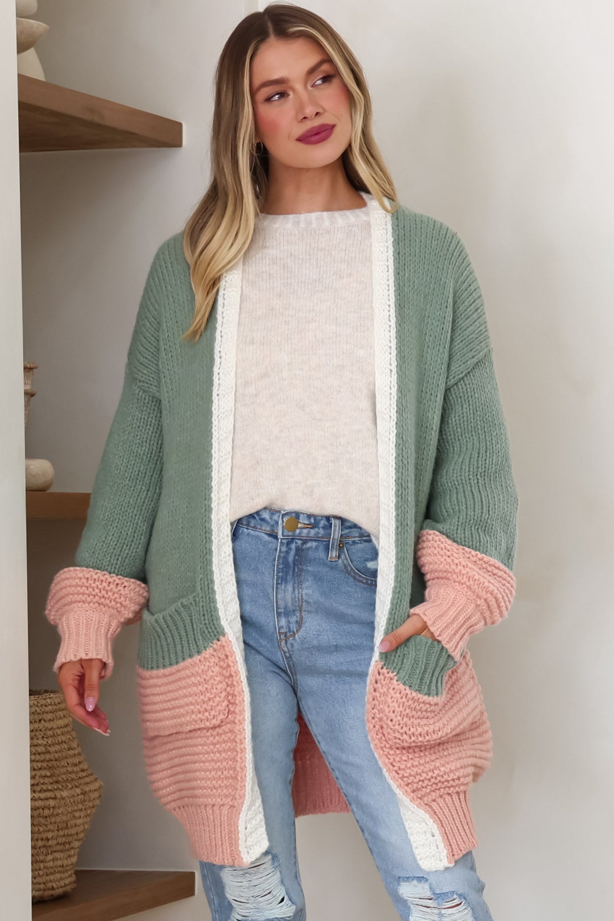 Bessie Cardigan - Colour Block Open Knit in Melon