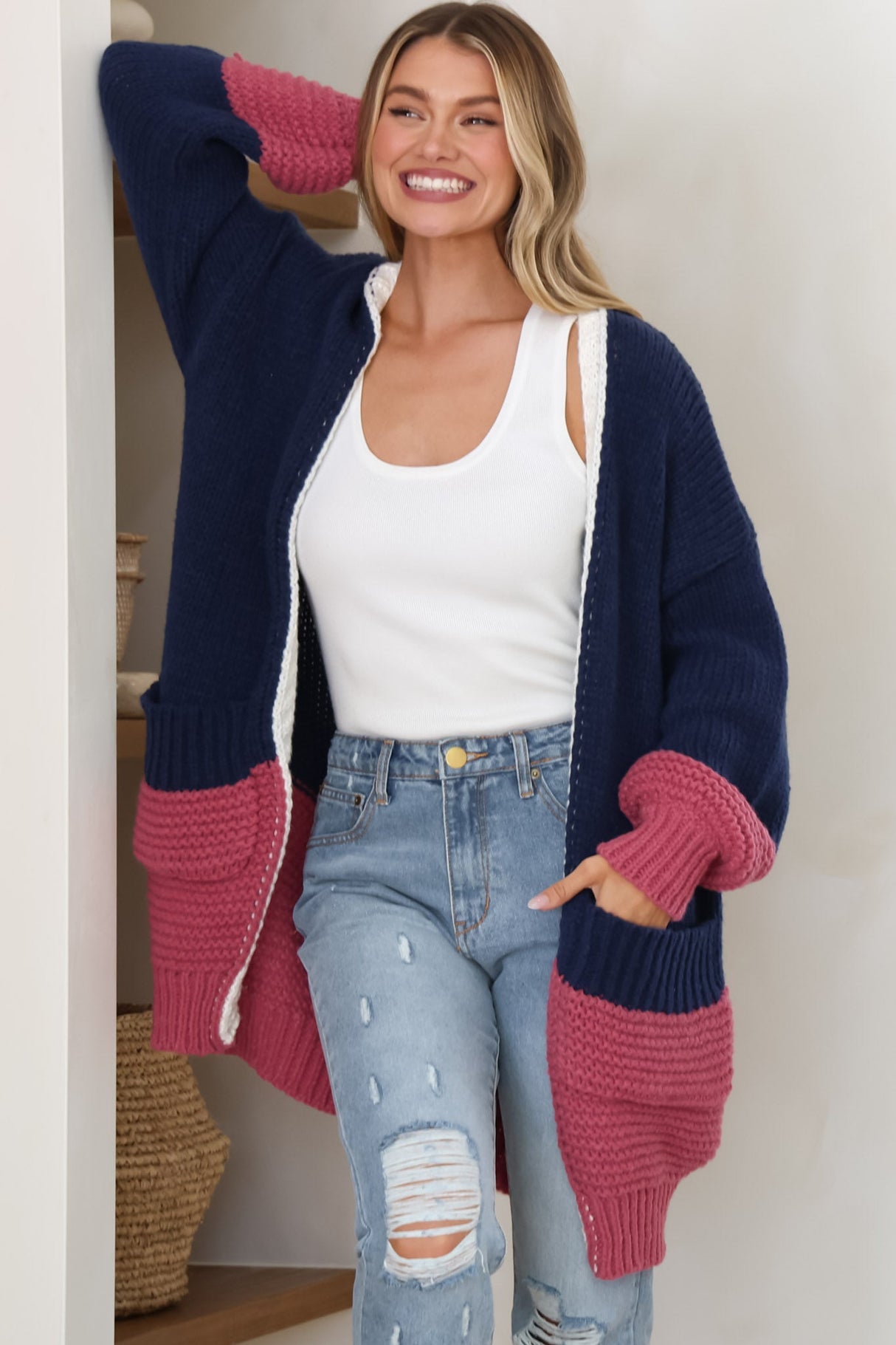 Bessie Cardigan - Color Block Open Knit in Navy