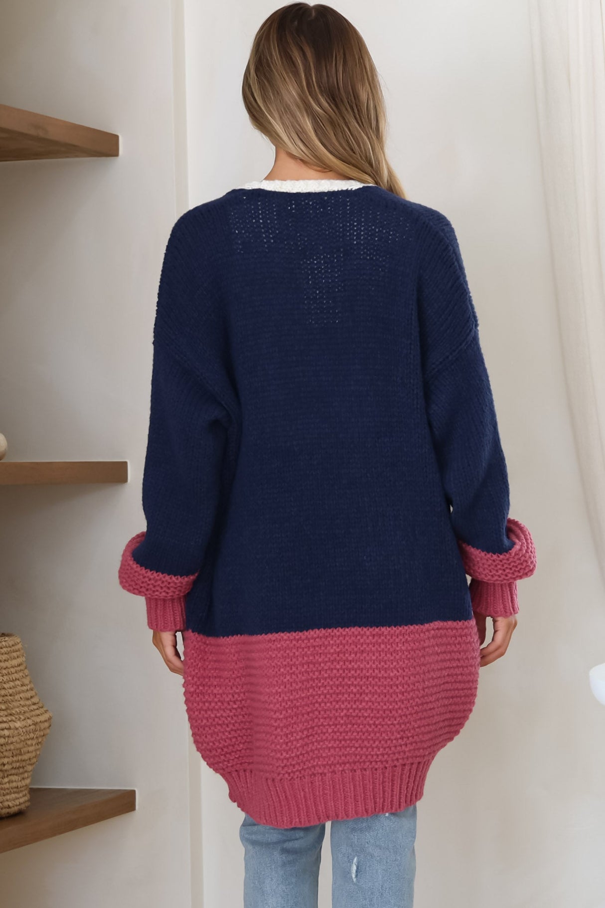 Bessie Cardigan - Color Block Open Knit in Navy