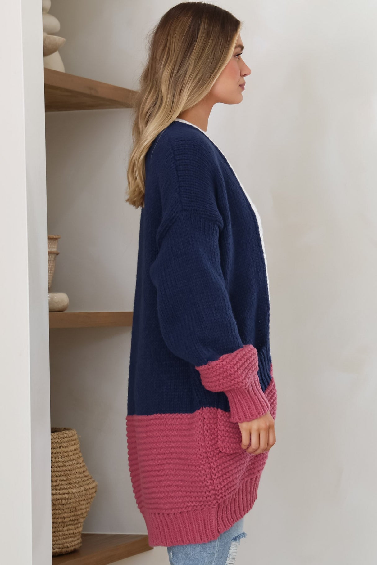 Bessie Cardigan - Color Block Open Knit in Navy