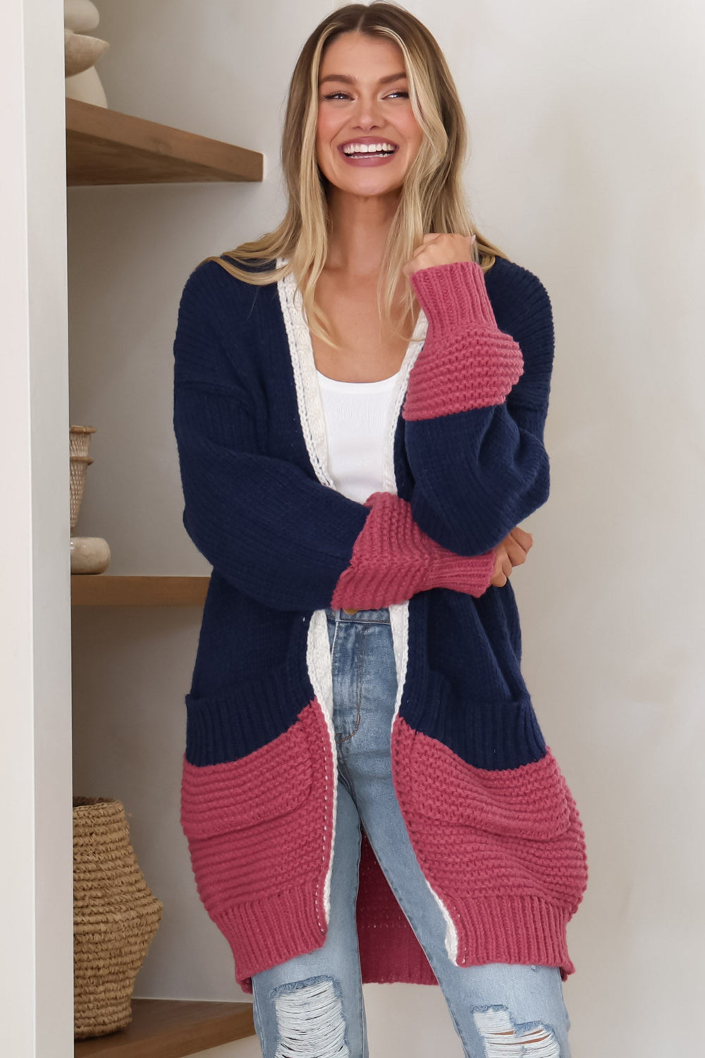 Bessie Cardigan - Color Block Open Knit in Navy