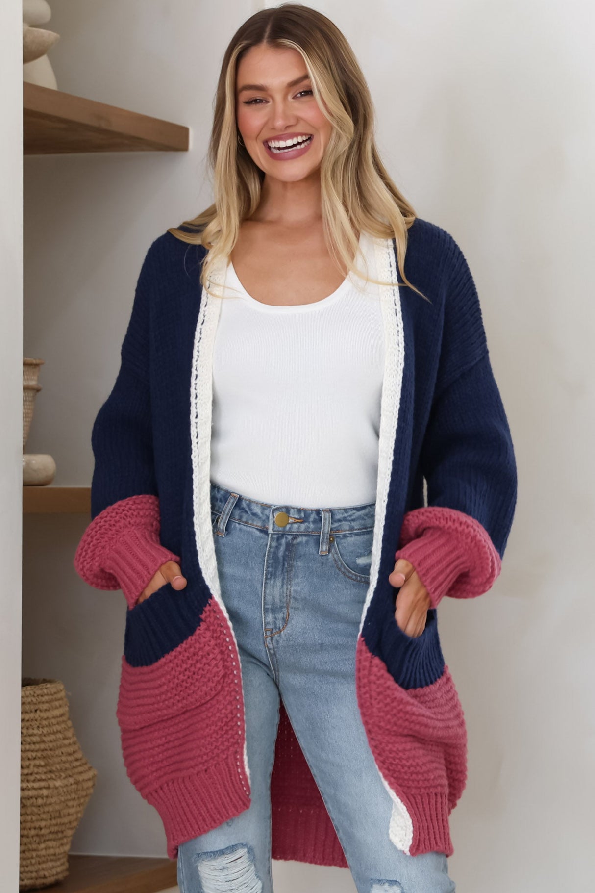 Bessie Cardigan - Color Block Open Knit in Navy